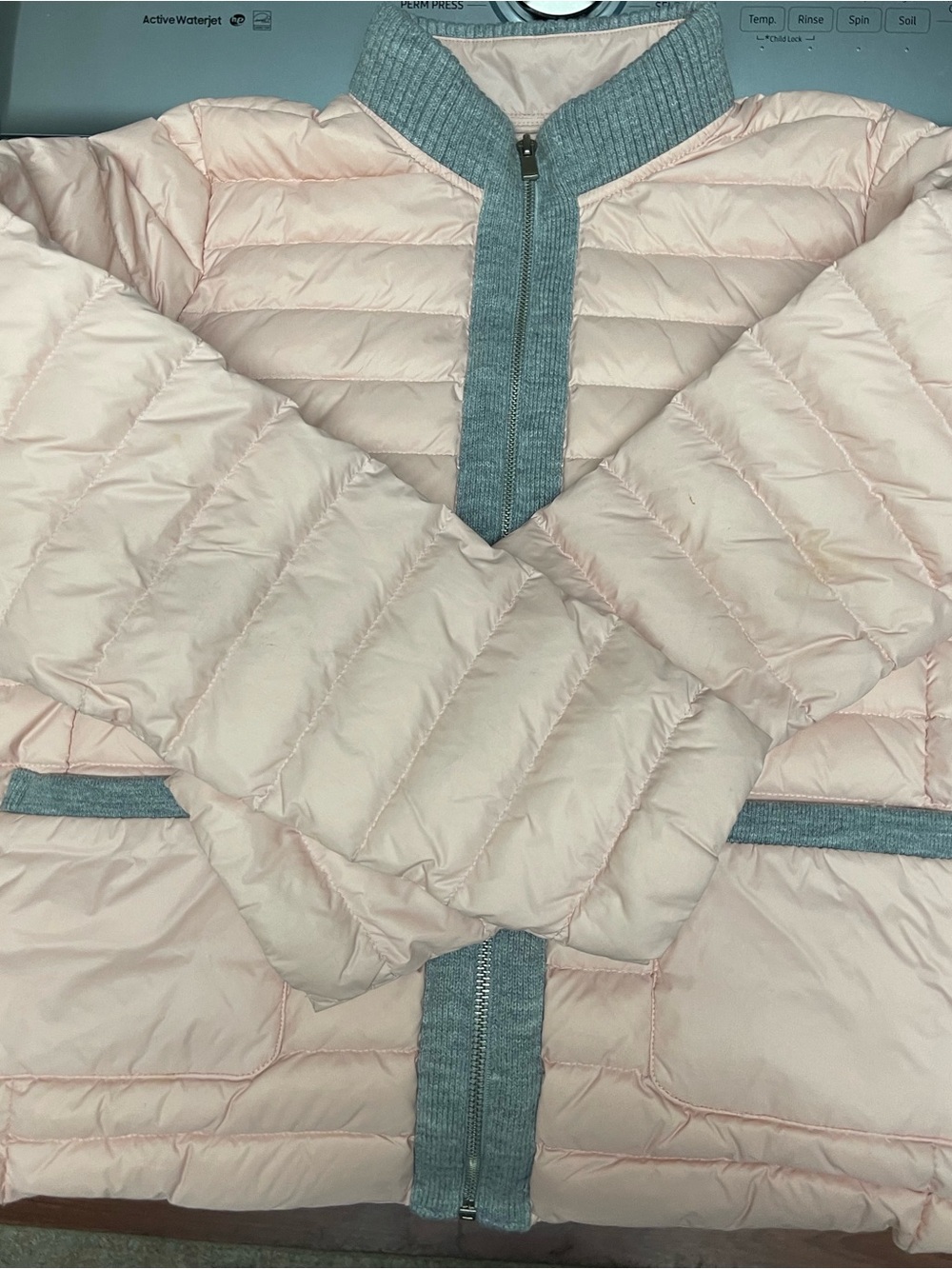 Light Pink Valencia Quilted Puffer Jacket with Gray Trim - Picture 6 of 8